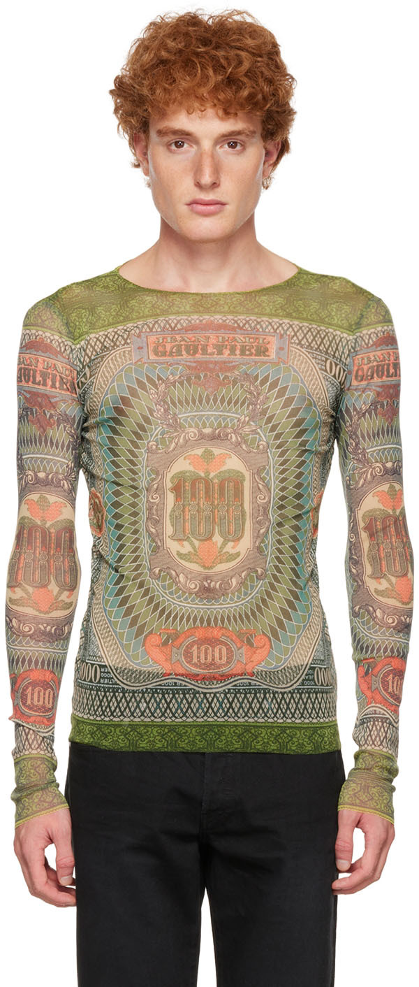 Green Banknote Long Sleeve T-Shirt by Jean Paul Gaultier on Sale