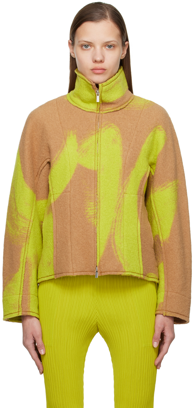 Issey Miyake Beige & Green Jacquard Jacket SSENSE Canada