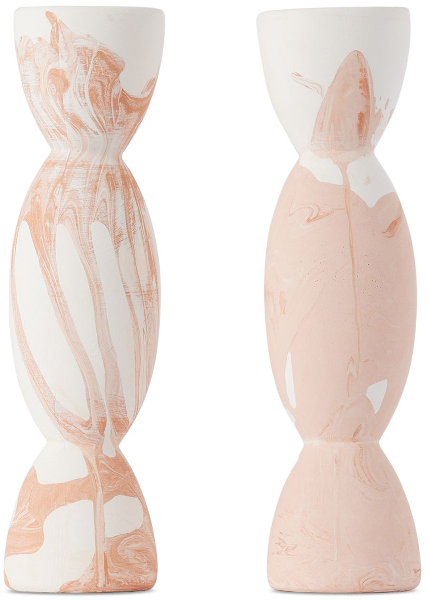 Tina Vaia Beige & White Double Totem Candle Holder Set In T+m Marble
