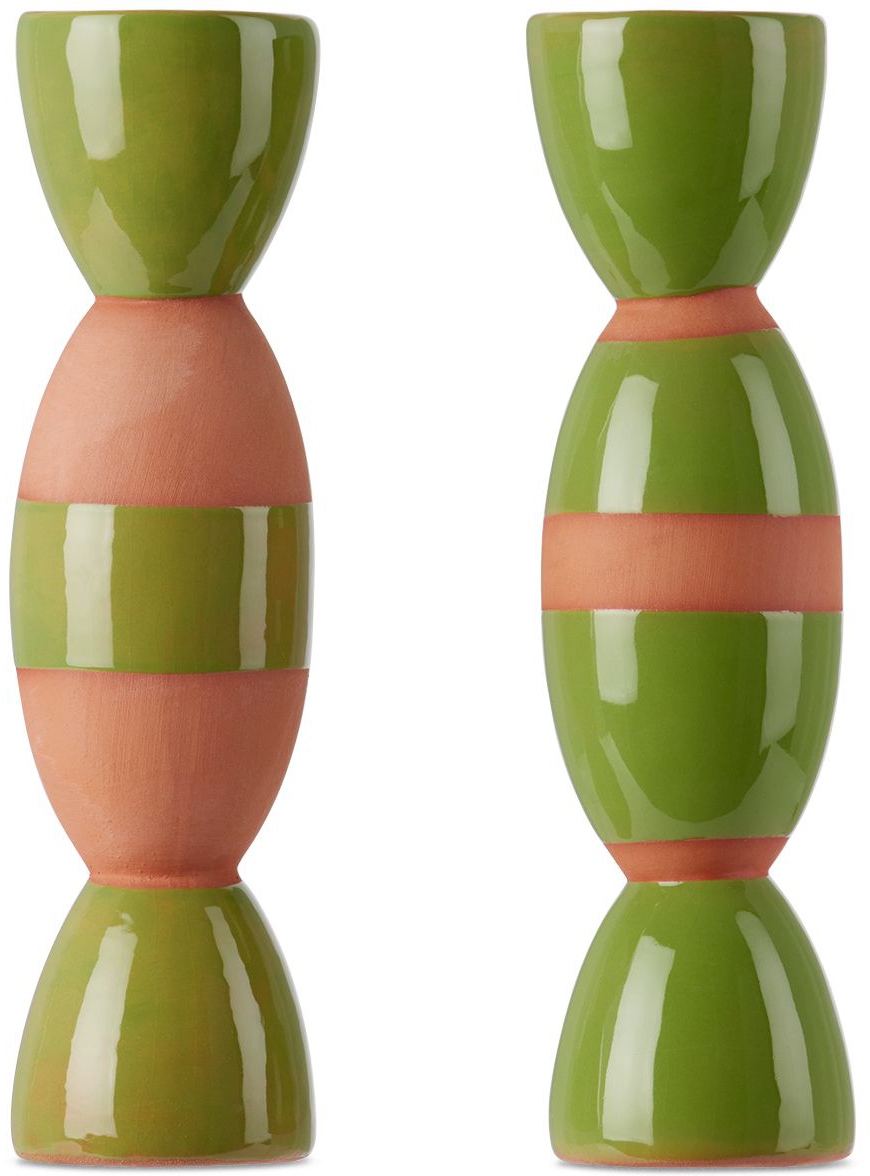 Tina Vaia Green Double Totem Candle Holder Set In Pistacho 7s