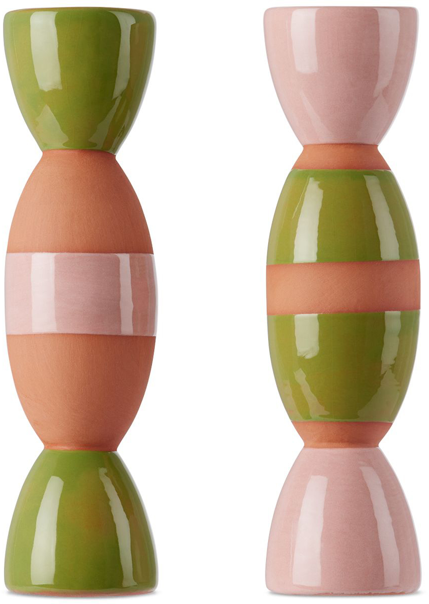 Tina Vaia Green & Pink Double Totem Candle Holder Set In Rosa/pistacho