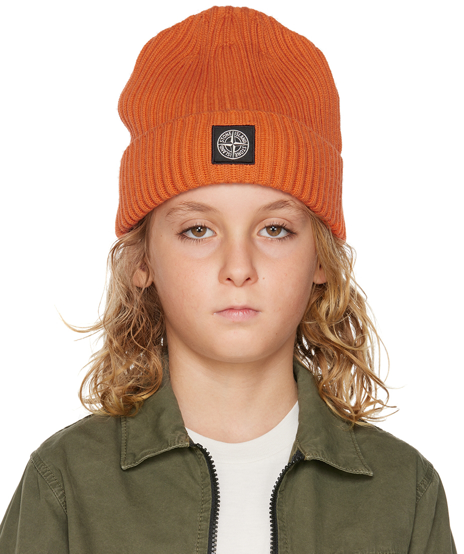 Kids Orange Logo Patch Beanie SSENSE Accessories Headwear Beanies 