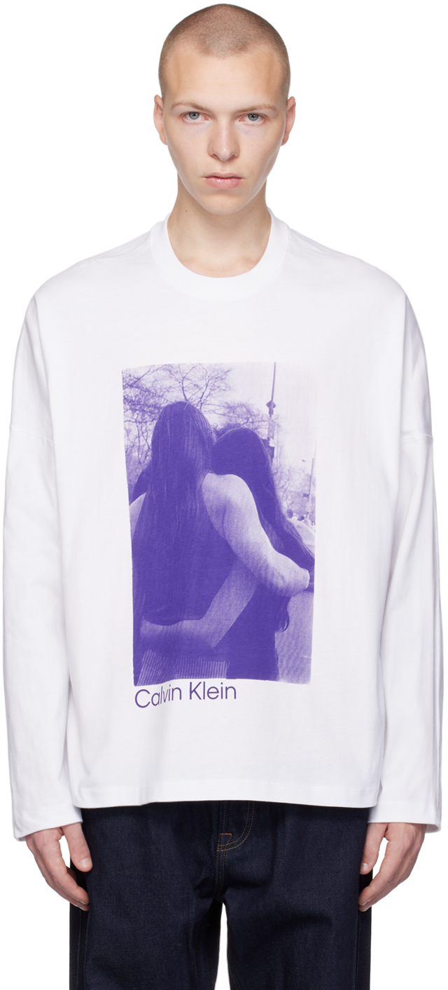 Calvin Klein White Frisbee Long Sleeve T-shirt In Brilliant White-540y
