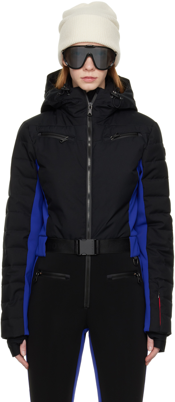 Erin Snow Luna Hooded Belted Striped Recycled Eco-sporty Ski Suit In Bkcb Black/cobalt