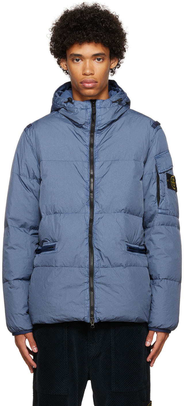 Stone Island: Blue Crinkle Rep Down Jacket | SSENSE