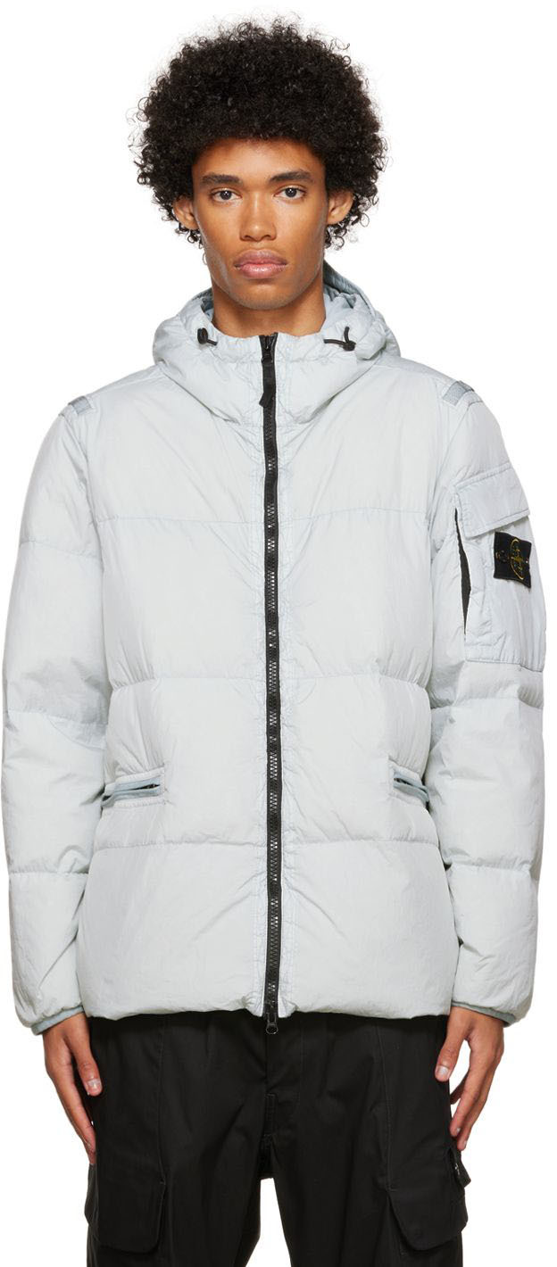 Stone Island: Gray Crinkle Rep Down Jacket | SSENSE Canada