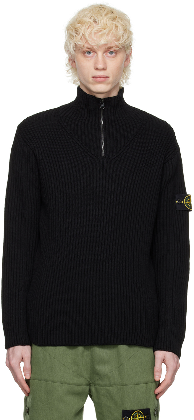 Stone Island: Black Half-Zip Sweater | SSENSE Canada