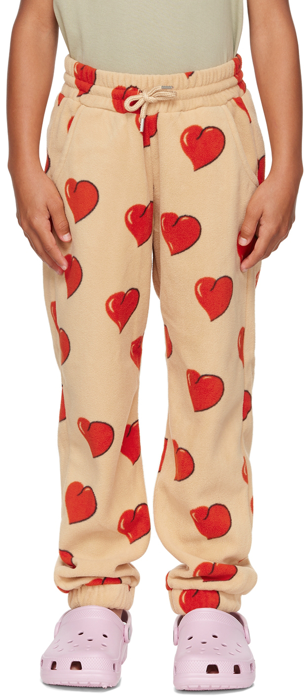 Shop Mini Rodini Kids Beige Hearts Fleece Trousers