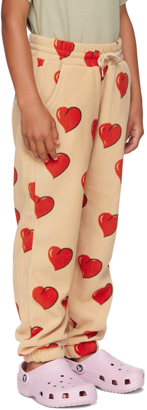 Shop Mini Rodini Kids Beige Hearts Fleece Trousers