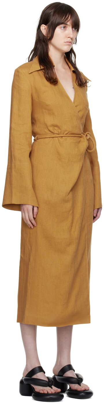 Nanushka Farah Back Long Sleeve Open Linen Wrap Shirtdress In Camel