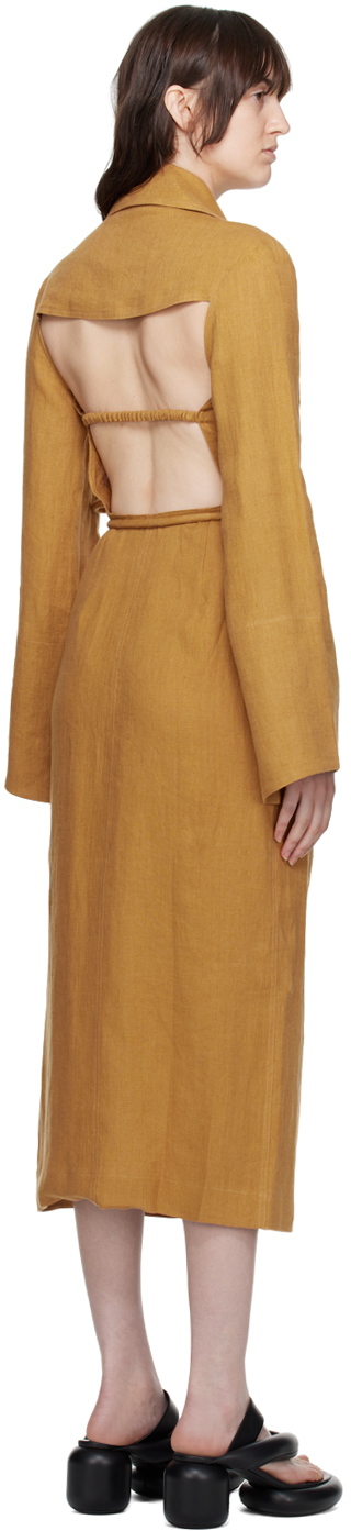 Nanushka Farah Back Long Sleeve Open Linen Wrap Shirtdress In Camel