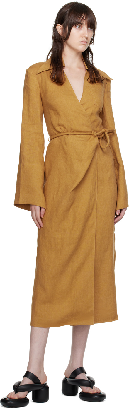 Nanushka Farah Back Long Sleeve Open Linen Wrap Shirtdress In Camel