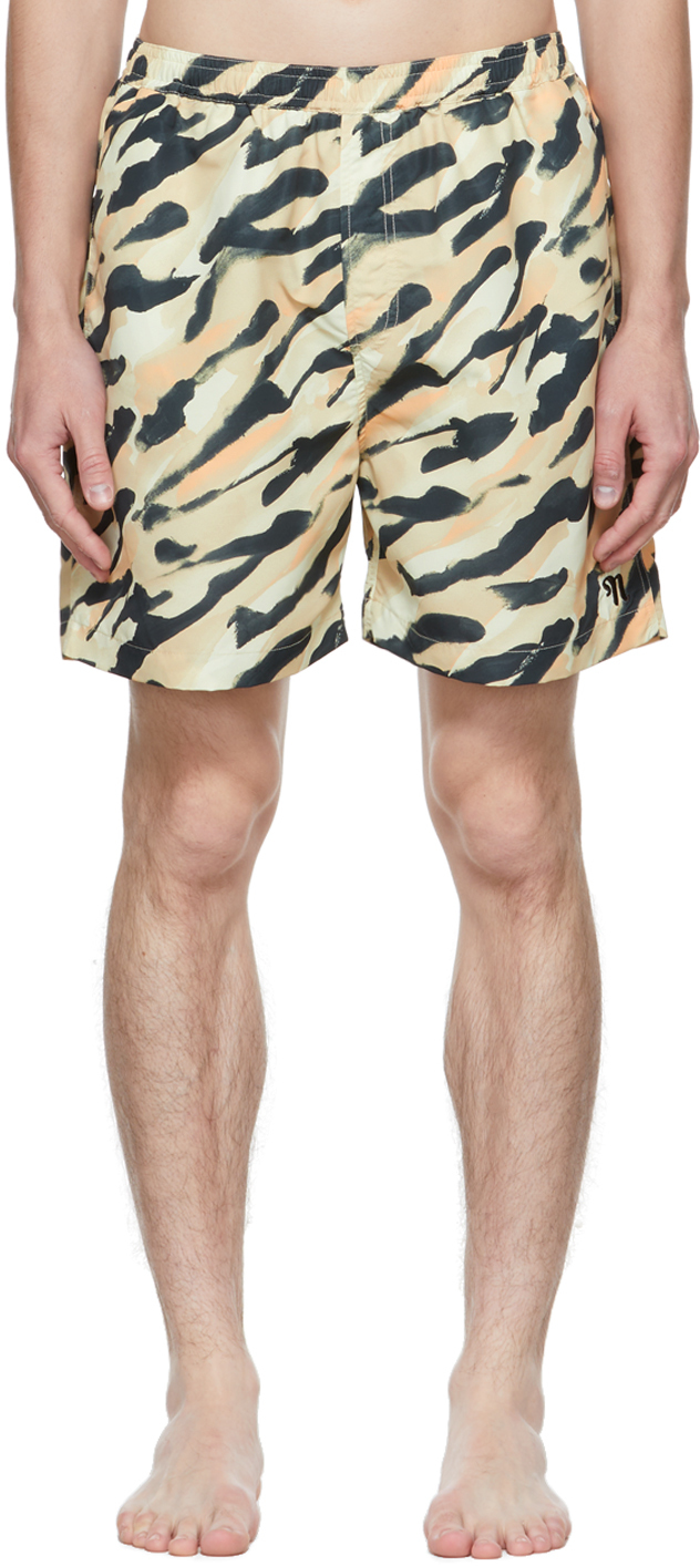 Shop Nanushka Beige Kenan Swim Shorts In Hand Painted Abstrac