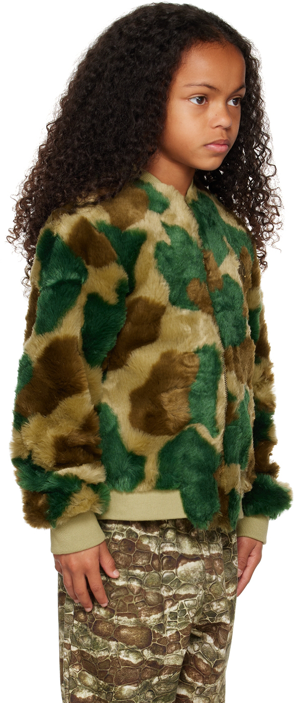 The Animals Observatory Kids Green Lion Faux-fur Jacket In Green