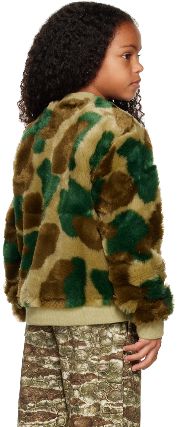 The Animals Observatory Kids Green Lion Faux-fur Jacket In Green