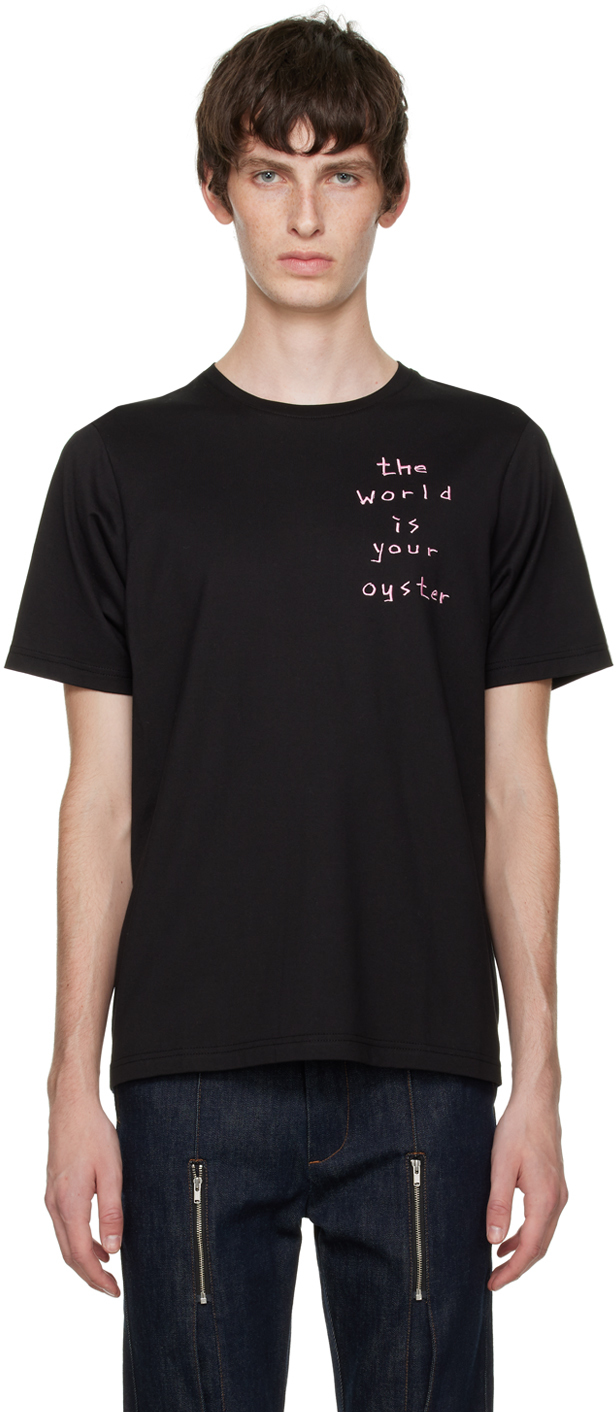 The World Is Your Oyster: Black Embroidered T-Shirt | SSENSE