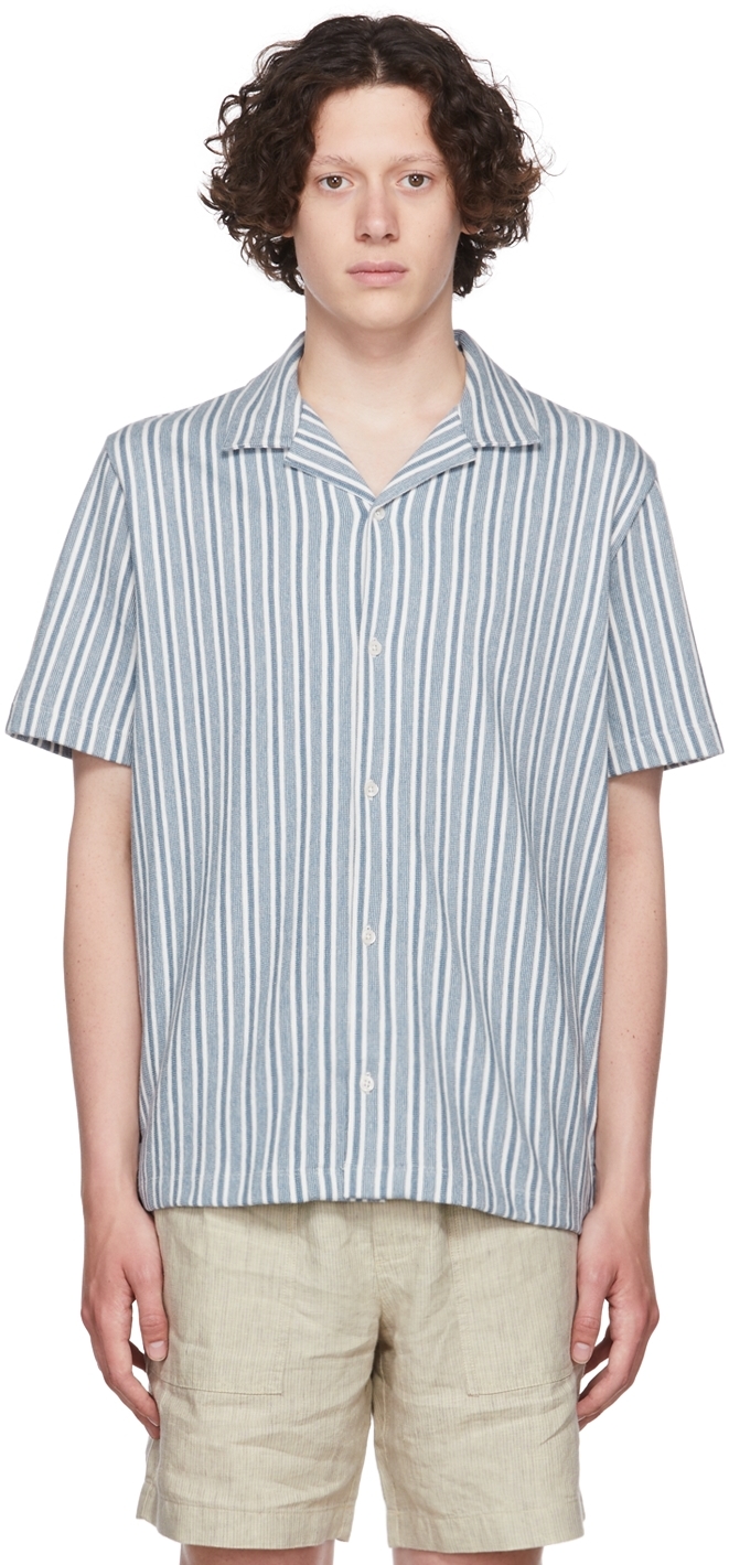 Vince Cabana Stripe Cotton Short Sleeve Button-up Shirt In Smoke Blue/off White