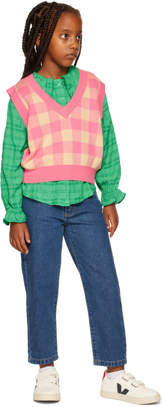 Repose Ams Kids Green Fancy Collar Blouse In Magic Green Check
