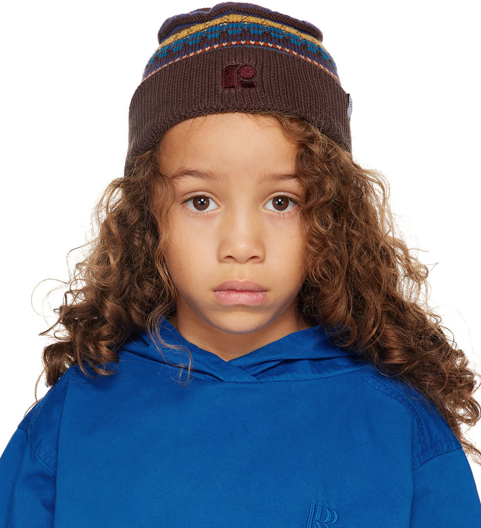 Kids Brown Graphic Jacquard Beanie by Repose AMS on Sale