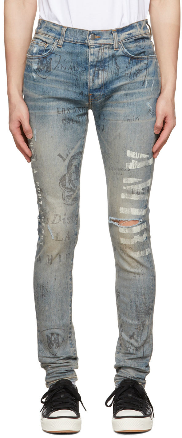 Amiri Military Stencil Skinny-fit Logo-print Distressed Jeans In