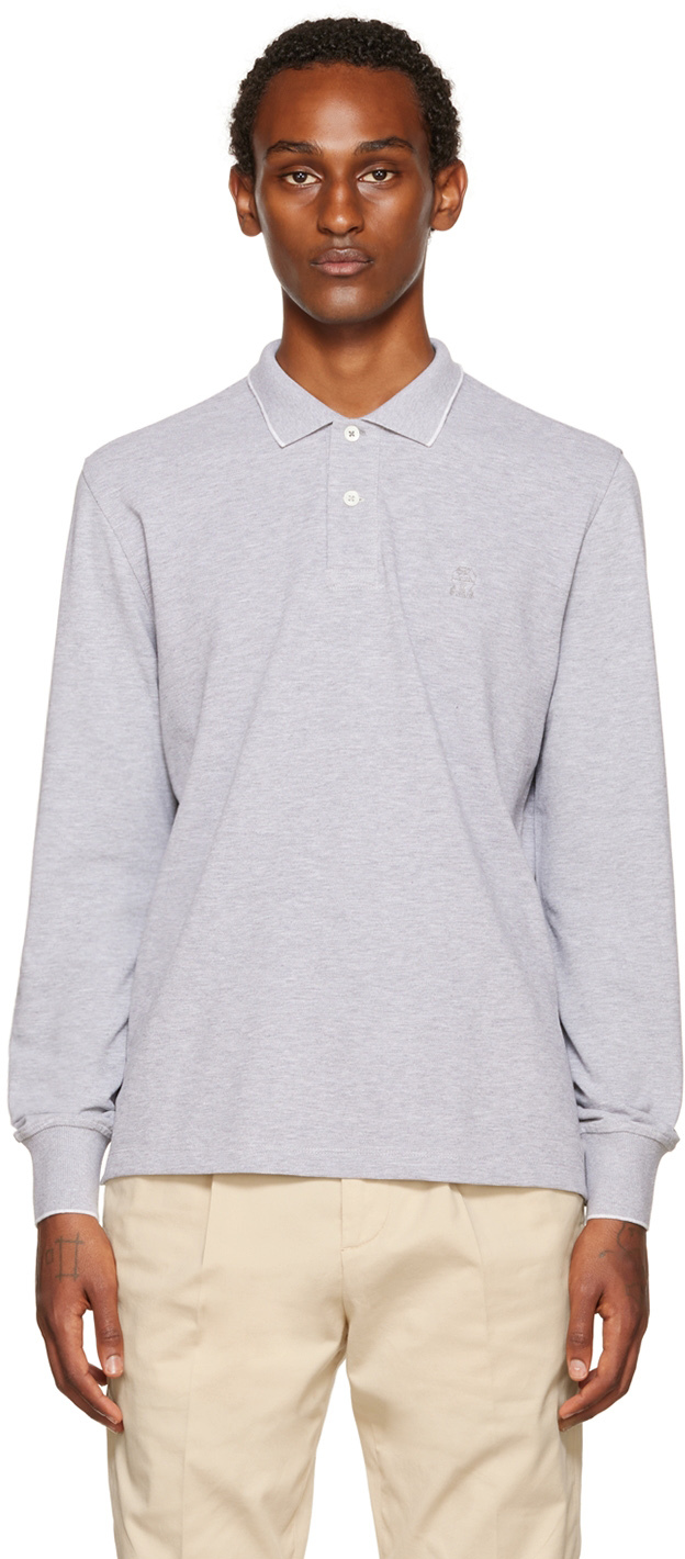 Brunello Cucinelli Gray Embroidered Long Sleeve Polo