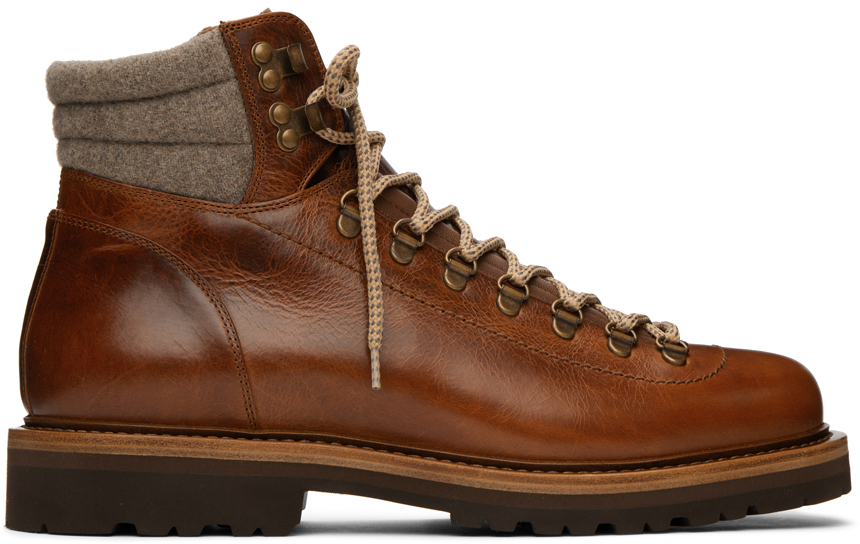 SSENSE Men Shoes Outdoor Shoes Brown Leather Hiking Boots 