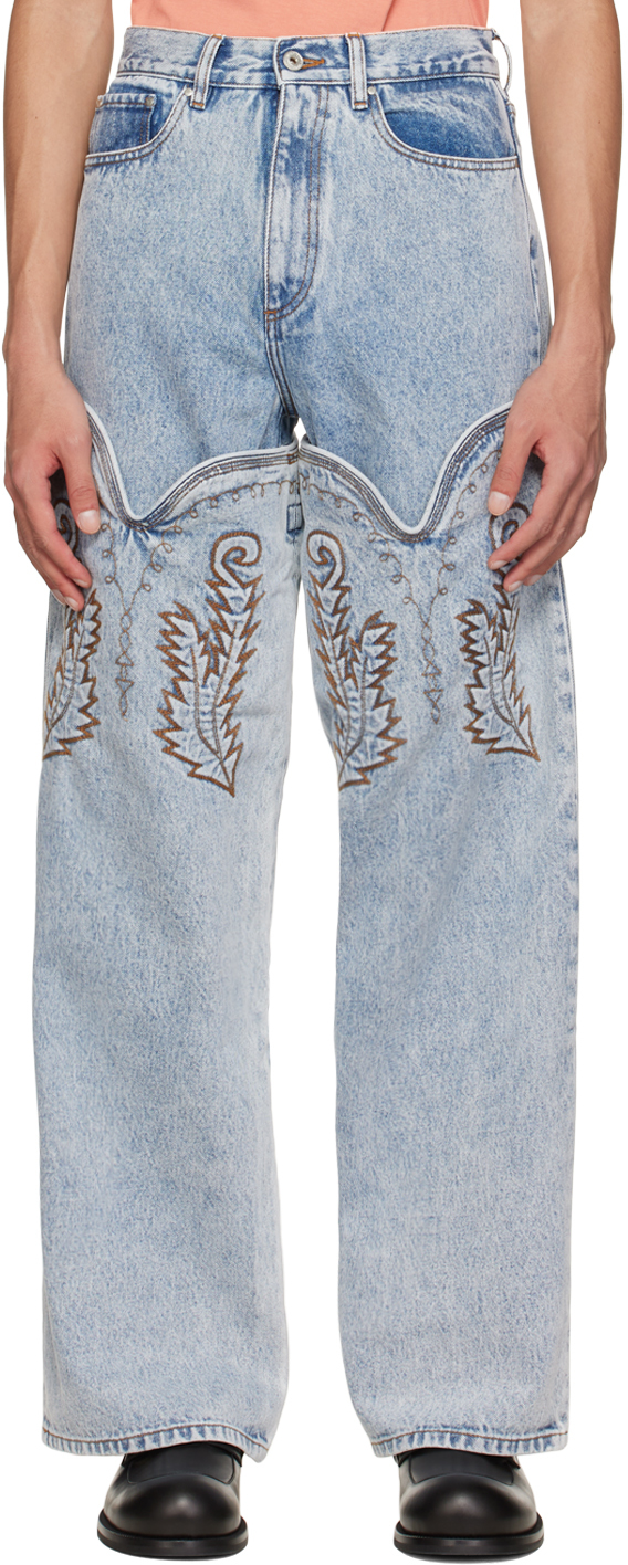 Y/Project: SSENSE Exclusive Blue Cowboy Cuff Wide Jeans | SSENSE