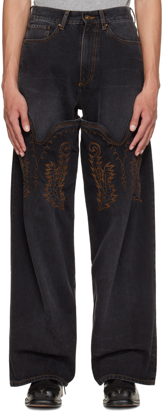 SSENSE Exclusive Black Cowboy Cuff Wide Jeans by Y/Project on Sale