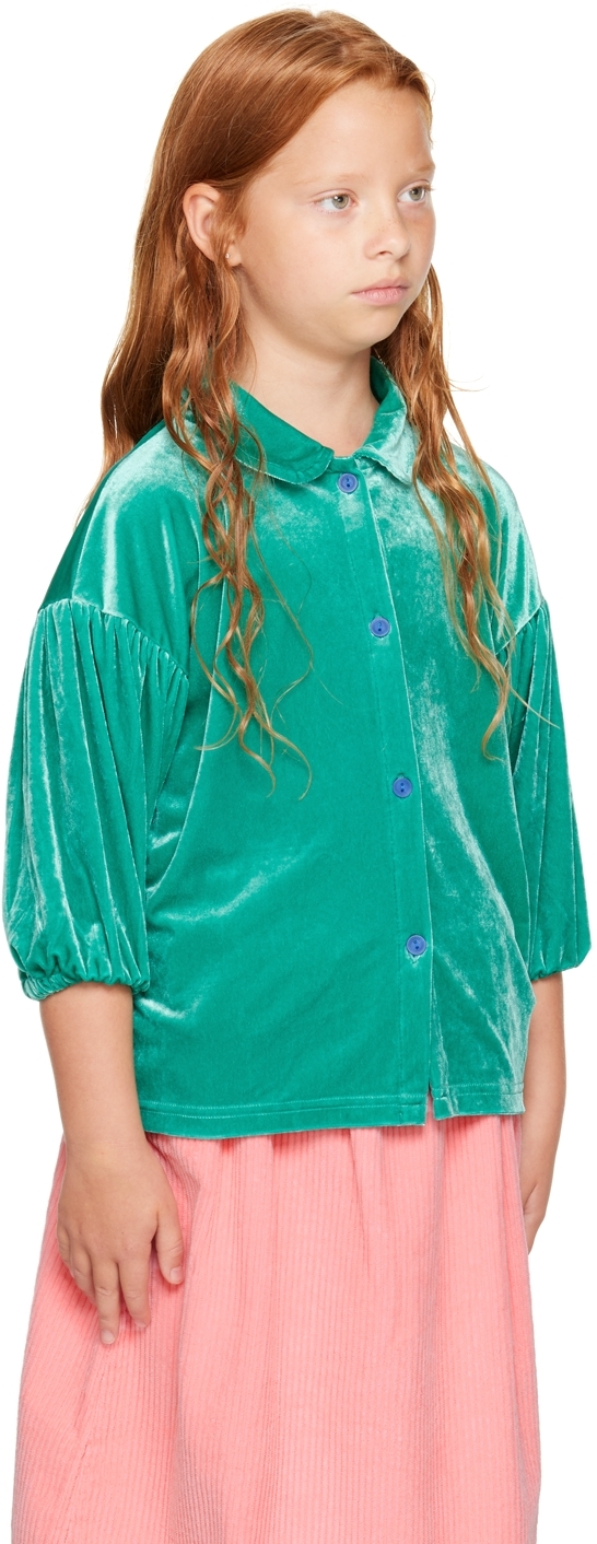 The Campamento Kids Green Velour Cardigan In Green