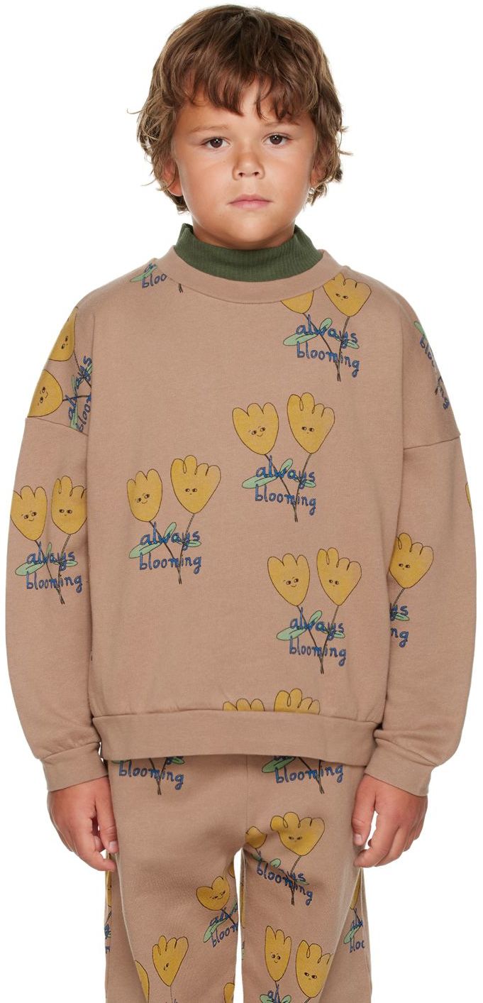 Kids Brown Flowers Allover Sweatshirt by The Campamento on Sale