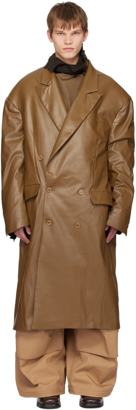 Hed Mayner Brown Double-Breasted Faux-Leather Coat