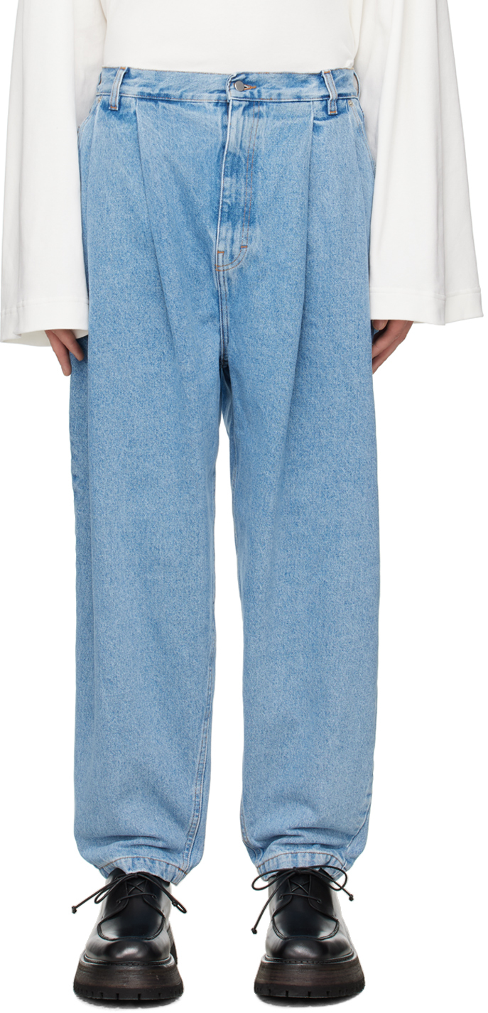 Blue Pleated Jeans by Hed Mayner on Sale