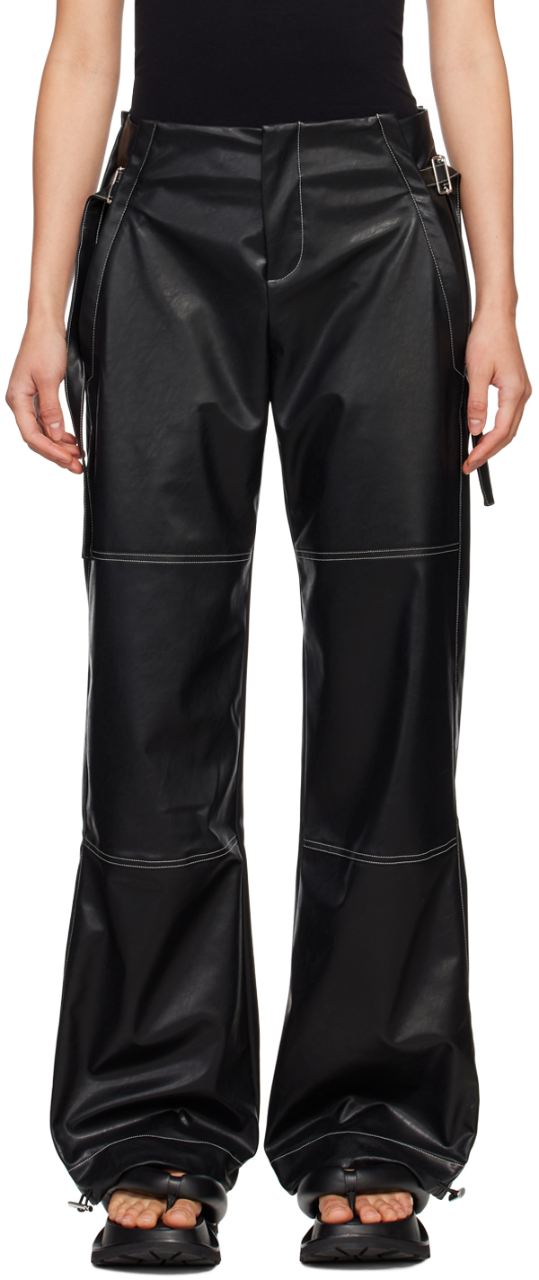 Yuzefi Black Cargo Faux-Leather Trousers