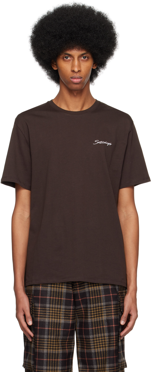 Shop Saturdays Surf Nyc Brown Embroidered T-shirt In Black