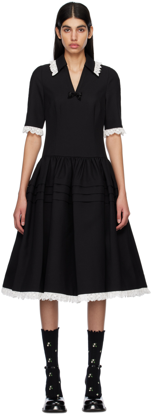 Shushu/Tong: Black Ruffled Tuck Midi Dress | SSENSE