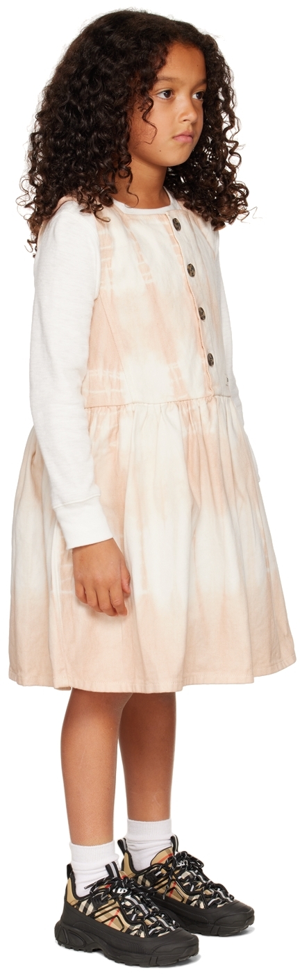 Wynken Kids Pink & Off-white Maria Pinafore Dress In Soft Pink Tie Dye