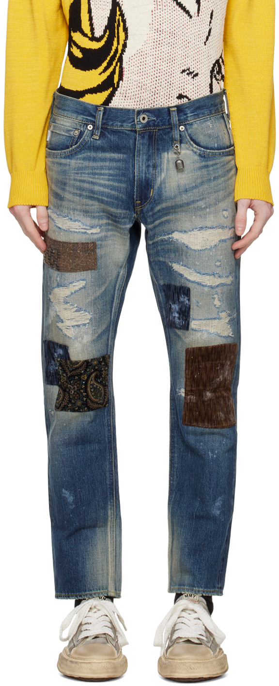 FDMTL: Blue Patchwork Slim-Fit Jeans | SSENSE UK