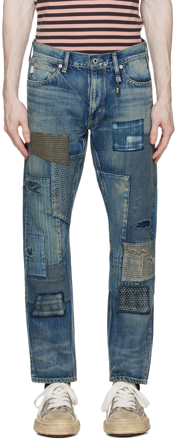 FDMTL: Blue Patchwork Slim-Fit Jeans | SSENSE UK