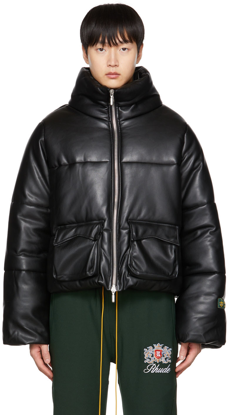 Black Embossed Faux-Leather Puffer Jacket by Rhude on Sale