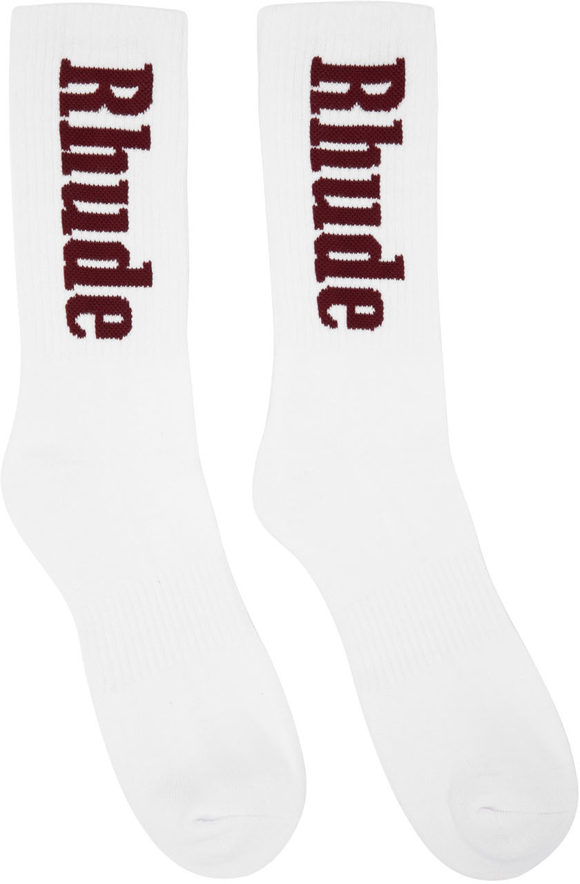 Rhude White & Burgundy Vertical Logo Socks