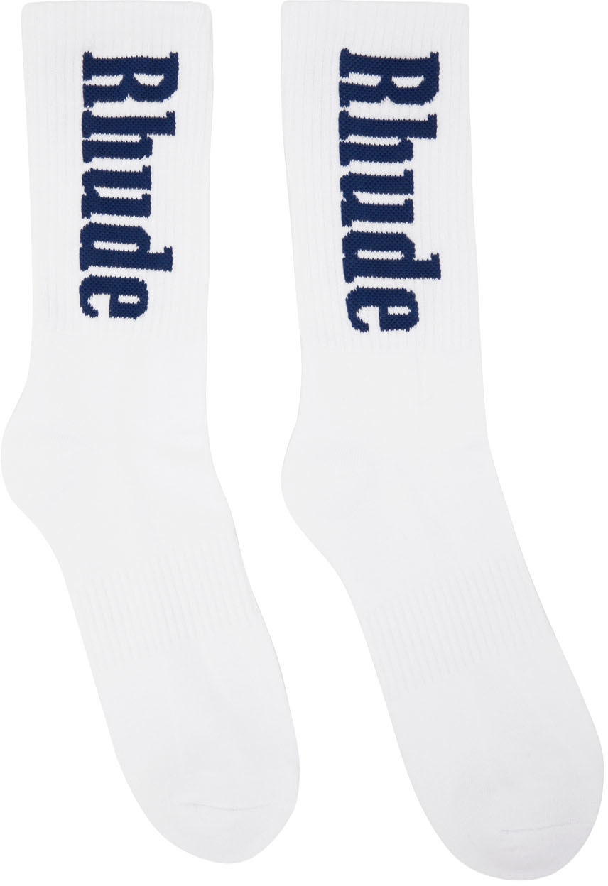 Rhude White & Navy Vertical Logo Socks