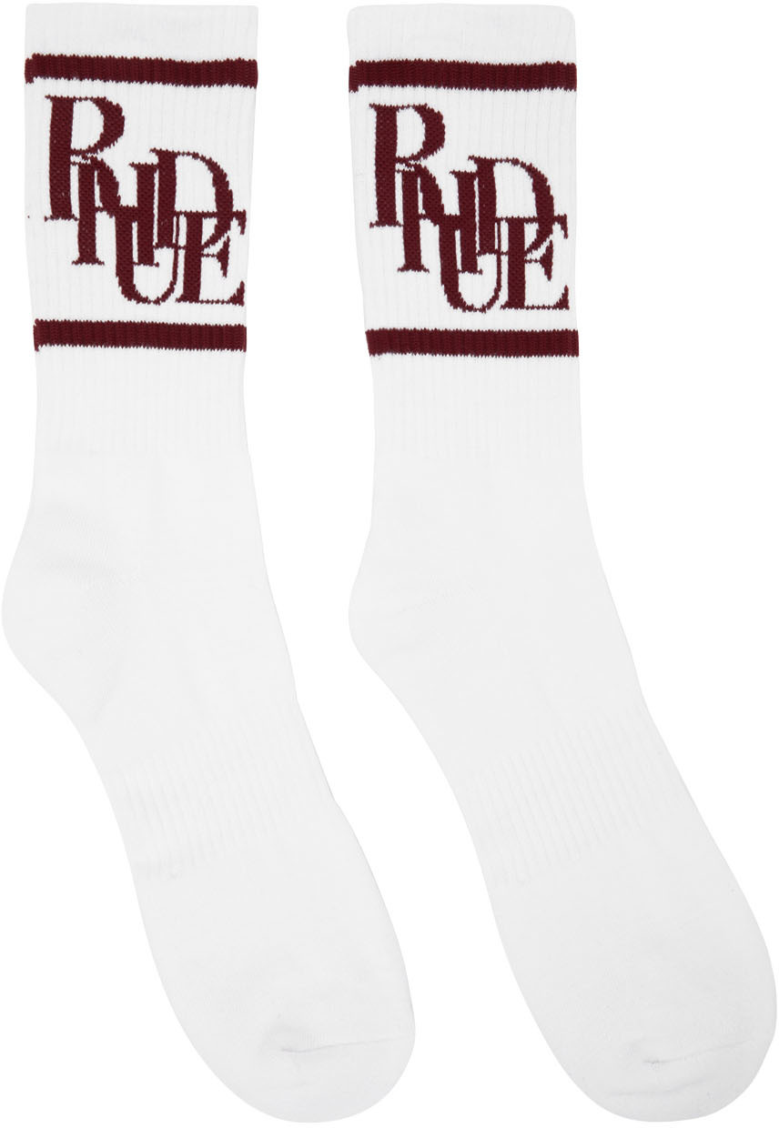 Rhude White & Burgundy Scramble Logo Socks