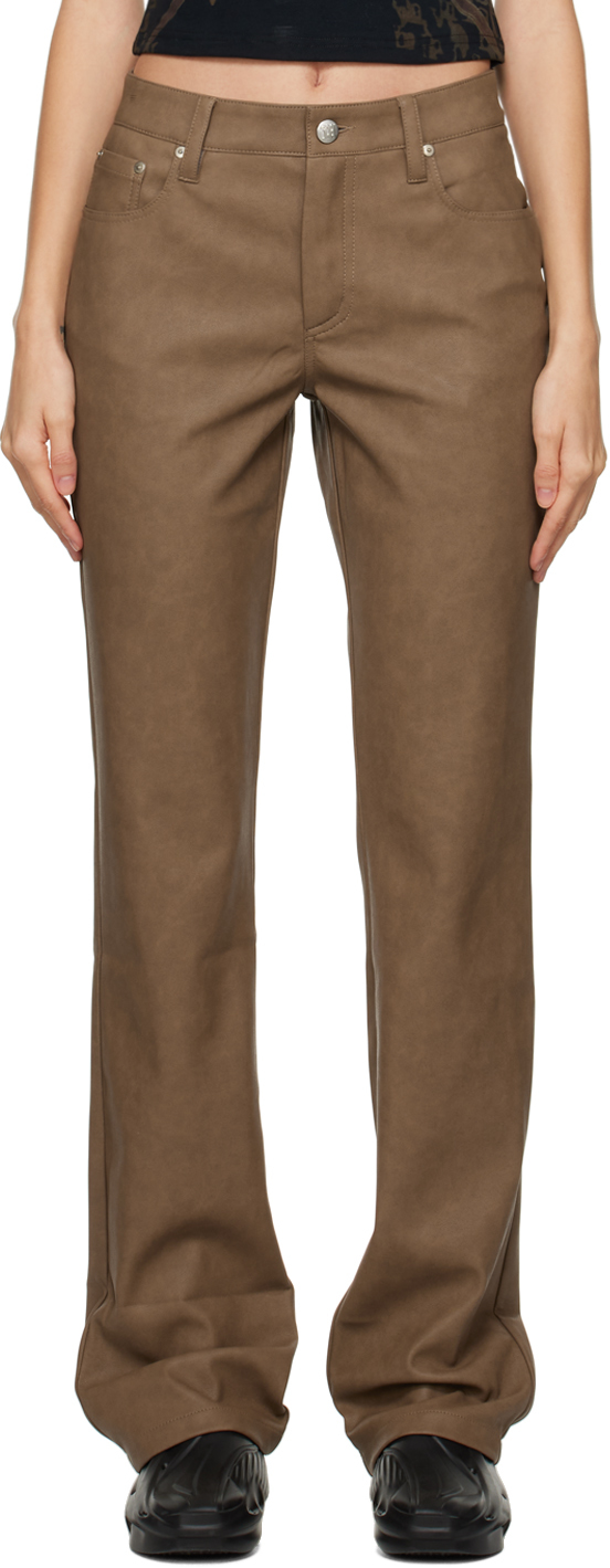 Brown Straight Faux-Leather Pants