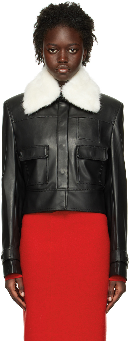 Black Spread Collar Faux-Leather Jacket