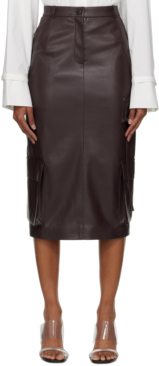 Brown Cargo Faux-Leather Midi Skirt