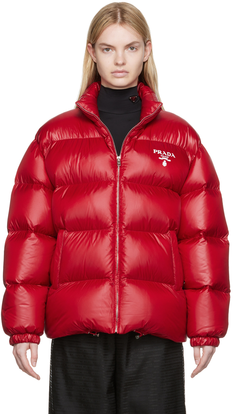 Red Recycled Nylon Down Jacket by Prada on Sale