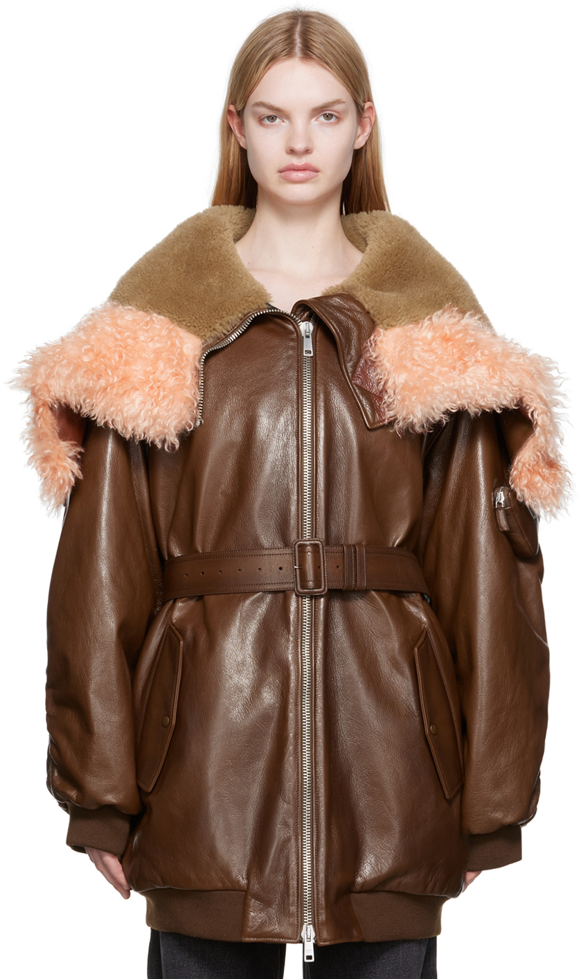 Prada: Brown Oversized Leather Jacket | SSENSE Canada