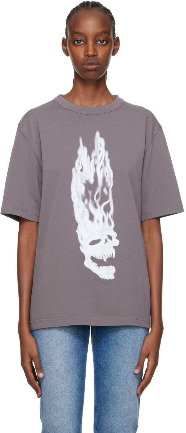 Heron Preston Gray Flaming Skull T-Shirt