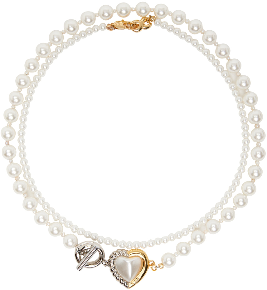 S S.IL Silver & Gold Twist Heart Pearl Collar Necklace Set