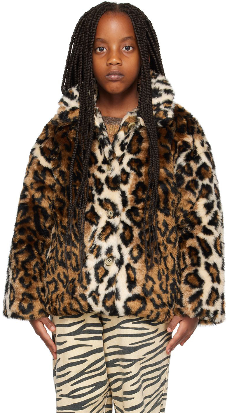 MAED FOR MINI KIDS BROWN LEOPARD FAUX-FUR COAT